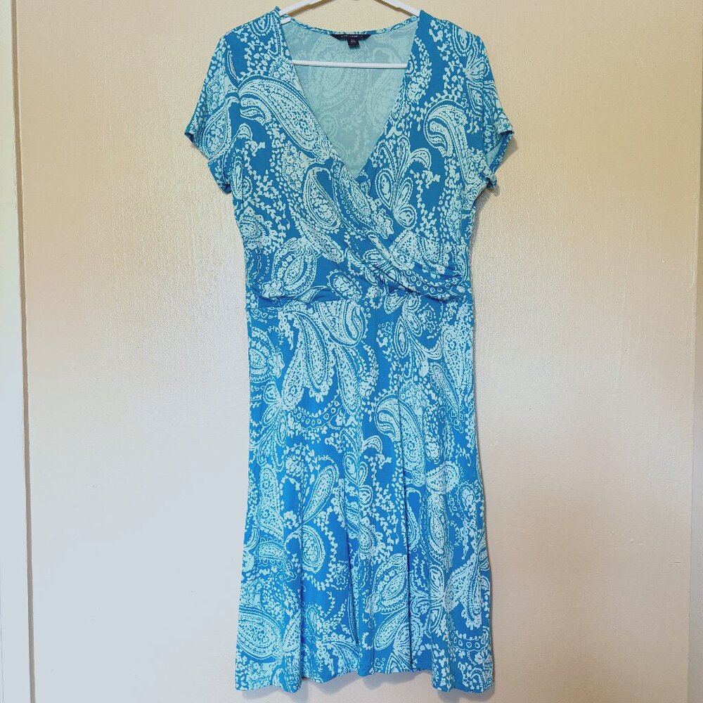 Lands’ End Paisley Faux Wrap Dress – Size M (10–12) – Stretch Jersey Knit